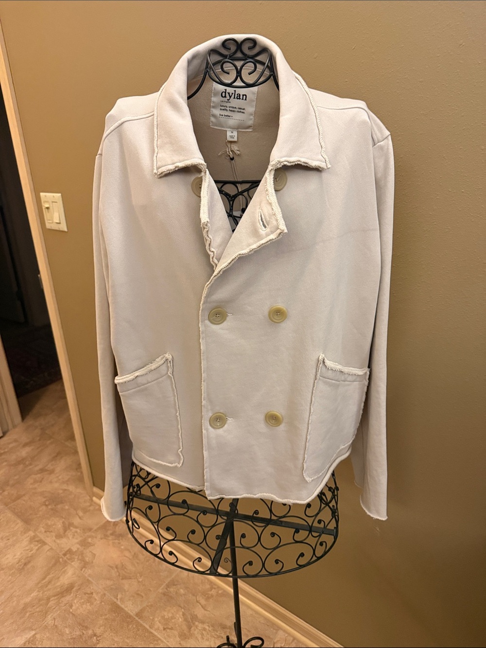 dylan Cream Double-Breasted Pea Coat with Raw-Edge Trim